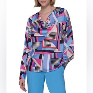 NWT Women KARL LAGERFELD long sleeve cowl neck abstract print silky suit shirt